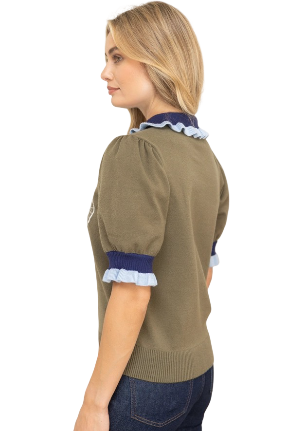 Apparel- VOY Contrast Embroidery Collar Knit Top