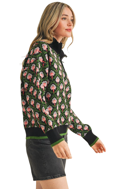 Apparel- En Merci Floral Half Zip Mock Neck Pullover Sweater