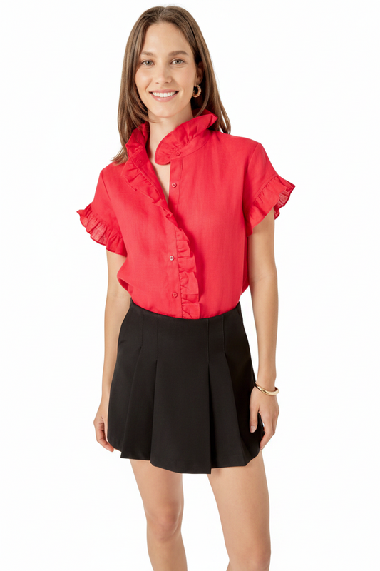 English Factory Red Linen Ruffled  Blouse Shirt
