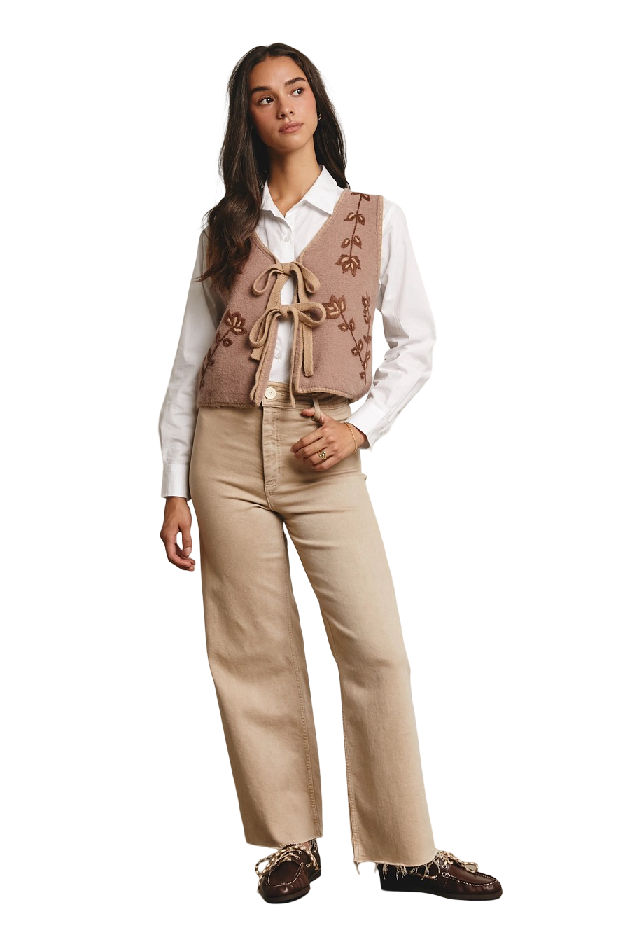 Apparel- Forte Embroidered Tie Front Sweater Vest