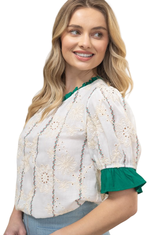 VOY Eyelet Contrast Band and Sleeve Blouse Top