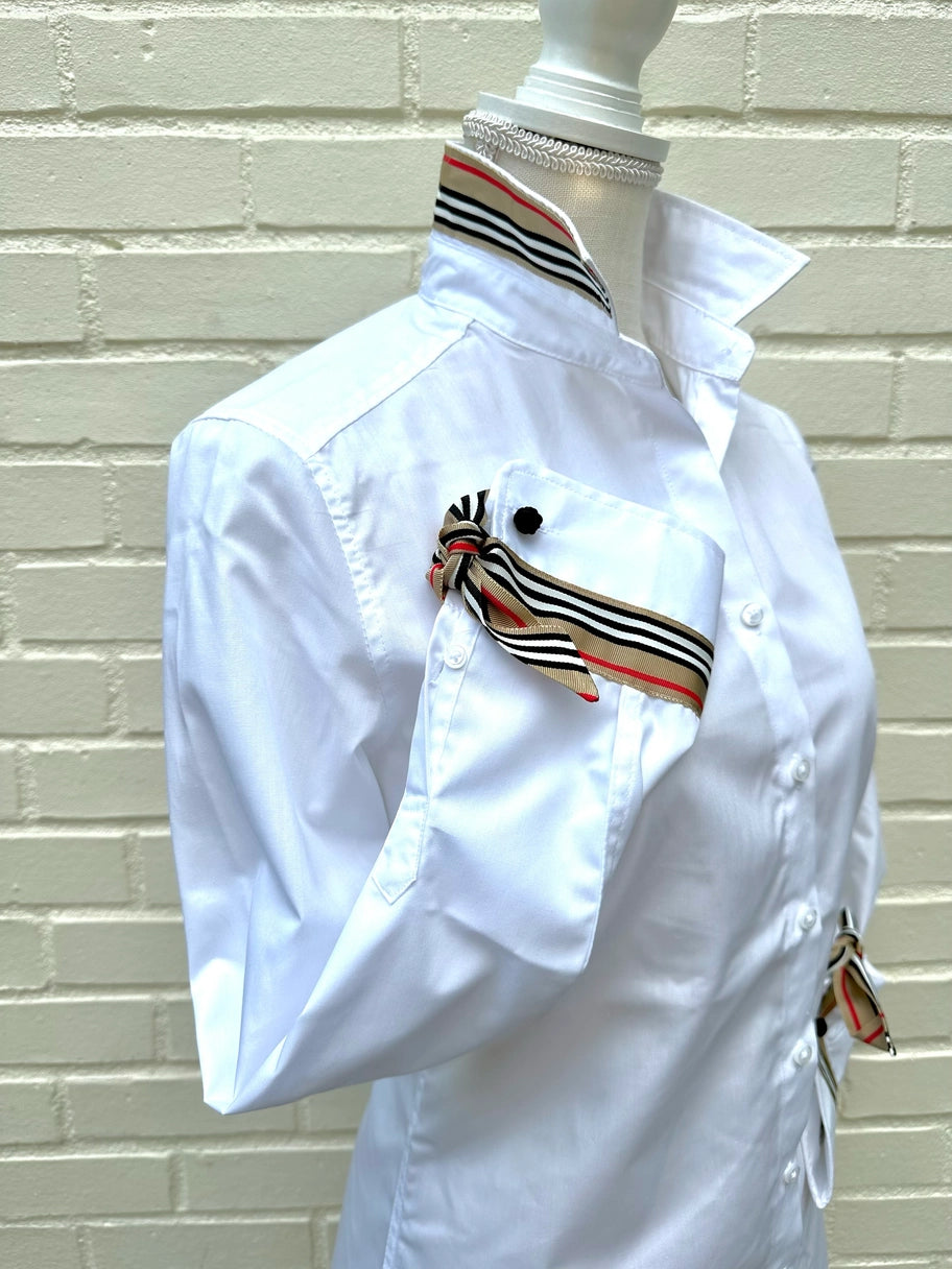 Apparel- Pearly Vines- Audrey White Ribbon French Cuff with Brown/Black/Red & White Stripe Ribbon