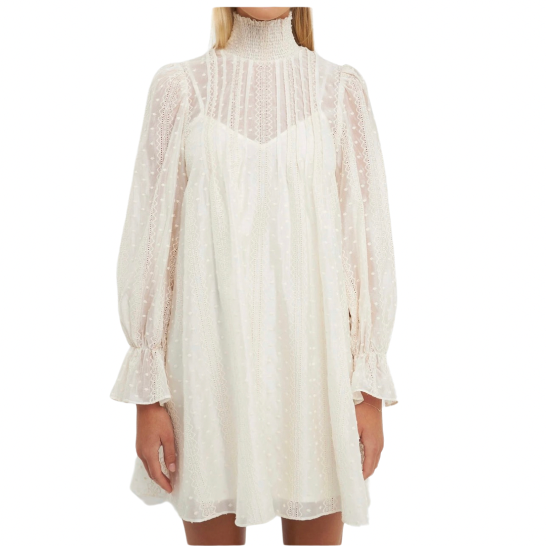 Apparel- English Factory Embroidered Organza Smock Neck Dress