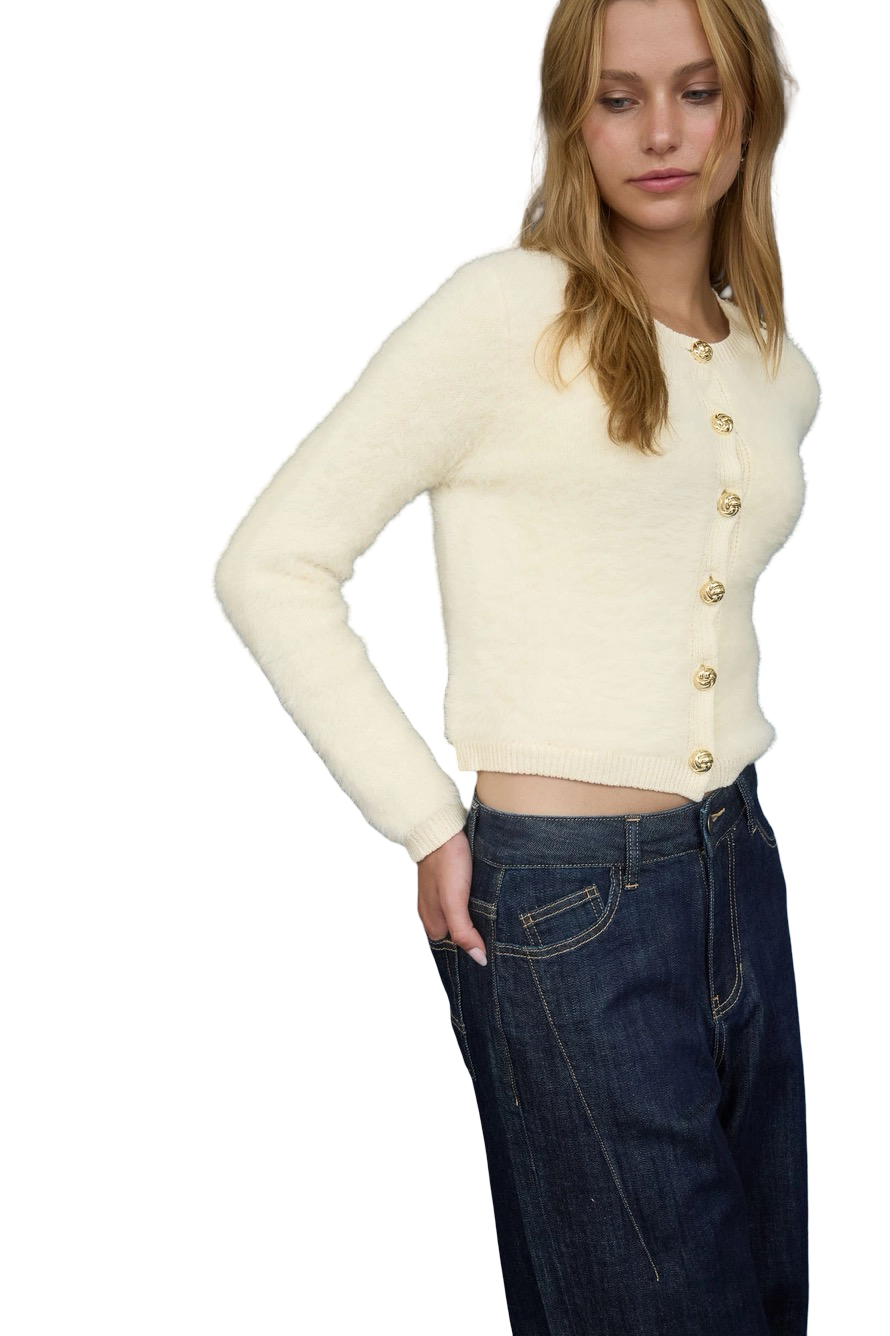 Apparel- The Workshop Gold Button Fuzzy Knit Cardigan Top