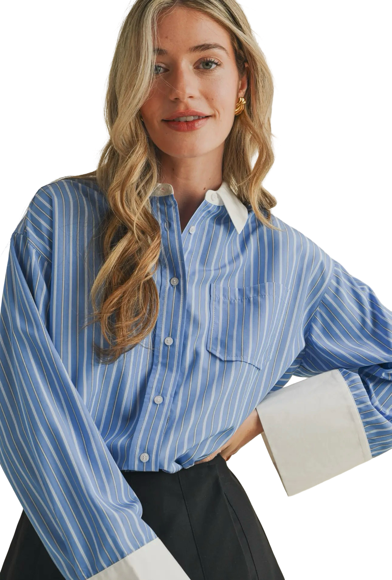 Apparel- En Merci Striped Wide Cuff Button Down Top