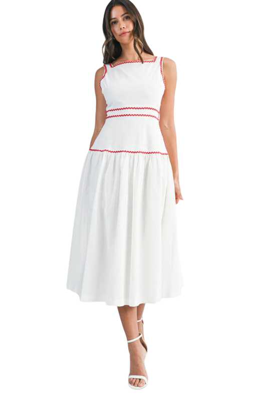 Apparel- Mable Square Neck Ric Rack Midi Dress