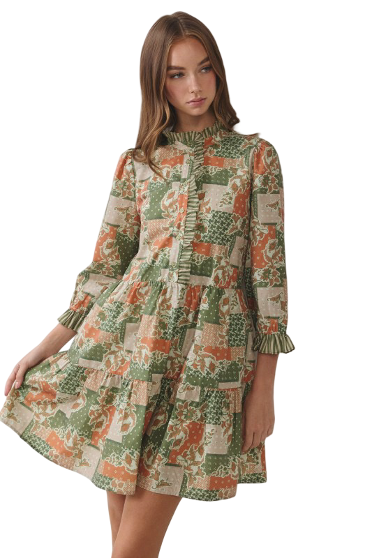 TCEC Patchwork Tiered Mini Dress