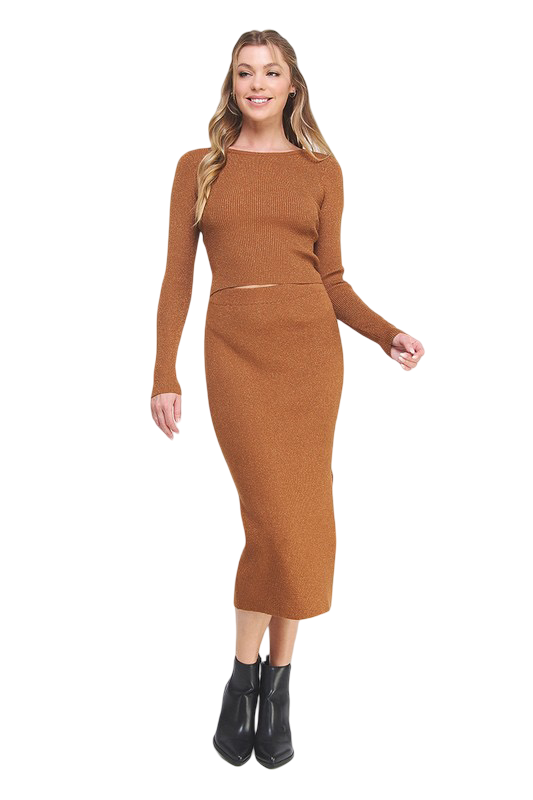 Apparel-Allie Rose Lurex Ribbed Long Pencil Skirt