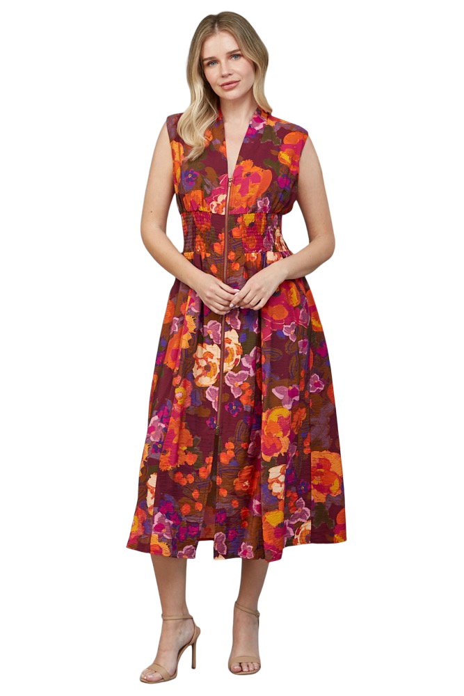 Apparel-Fate Printed Front Zip Midi Dress
