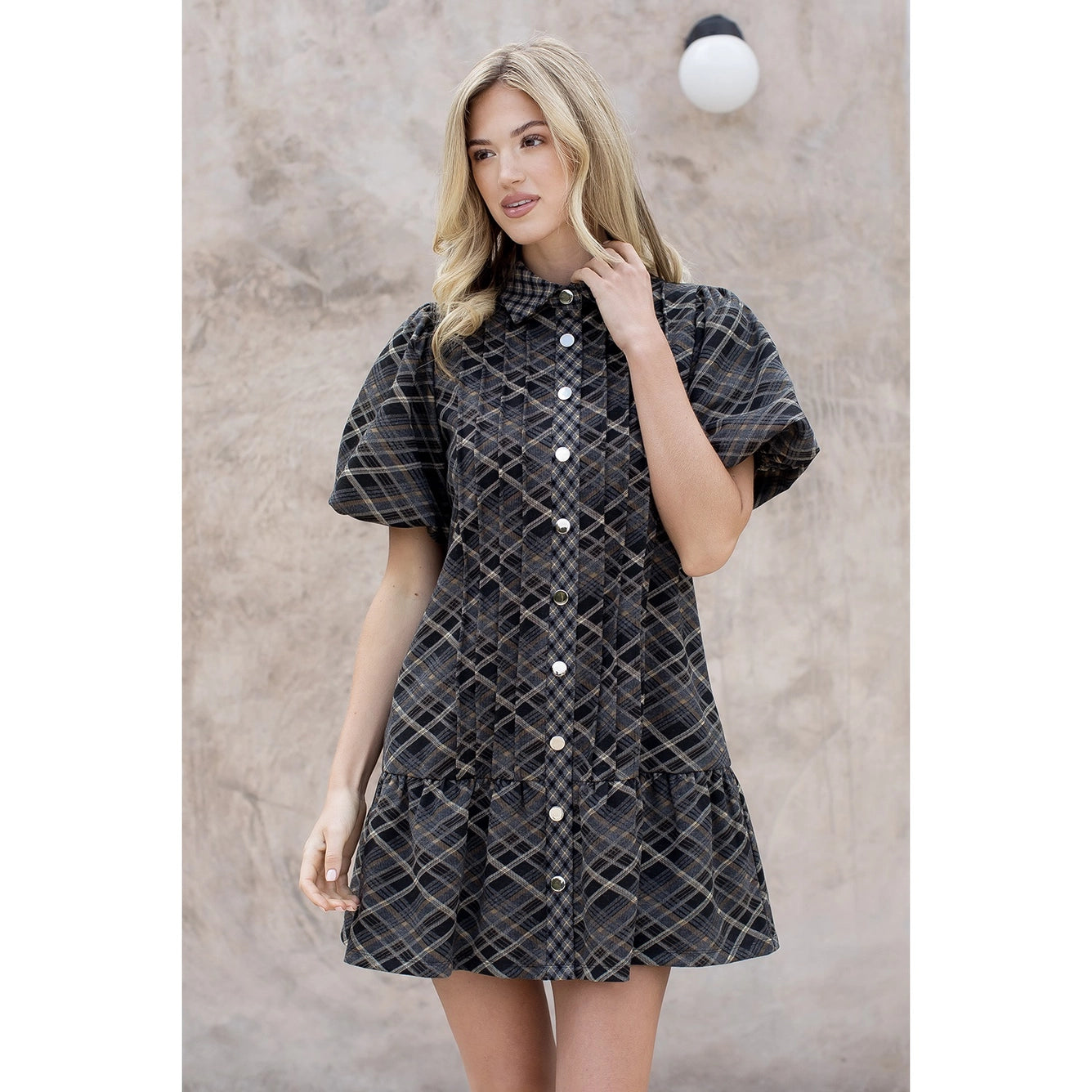 Apparel- THML Puffed Sleeve Plaid Dress