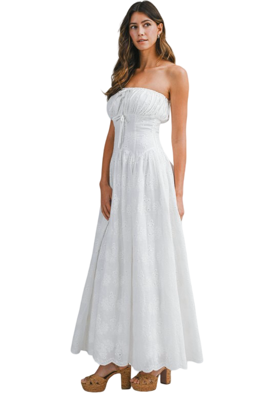 Apparel- Mable Eyelet Strapless Bow Front Maxi Dress