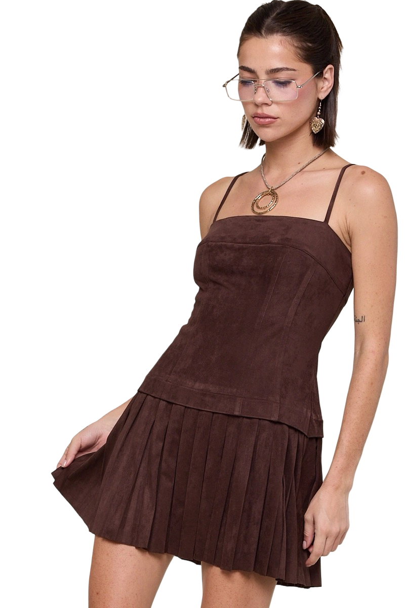Apparel- Sky to Moon Suede Combo Pleated Mini Dress