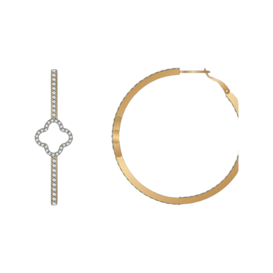 Earrings- M&E Bling Medium Gold CZ Hoops With Cut Out Clover