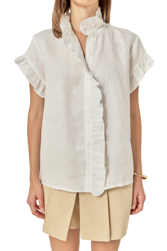 English Factory White Linen Ruffled  Blouse Shirt