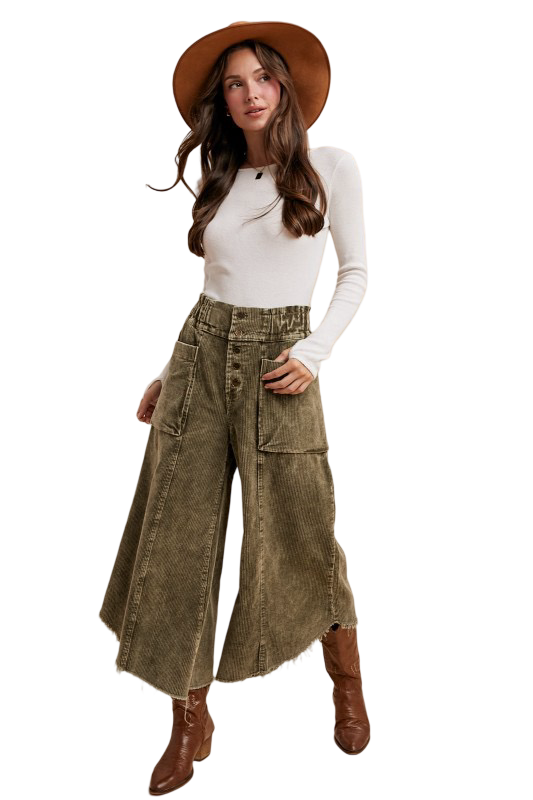 Apparel- Anniewear Mineral Wash Wide Leg Cropped Corduroy Jean Pants