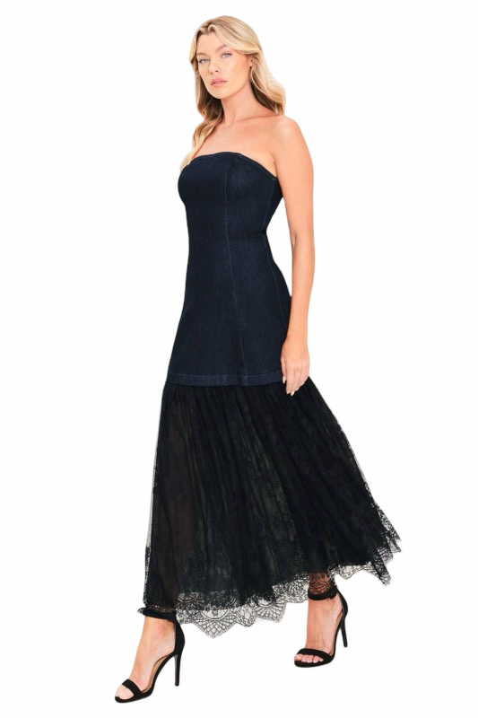 Flying Tomato Strapless Denim and Lace Maxi Dress