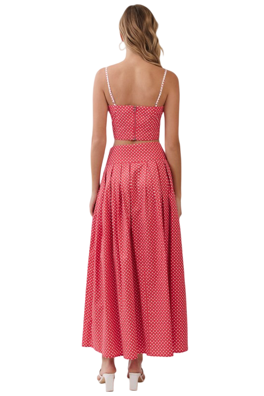TCEC Pleated Polka Dot Rope Tie Maxi Skirt