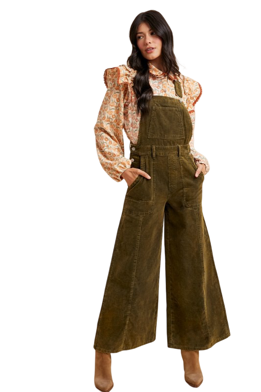 Apparel- Anniewear  Corduroy Mineral Wash Wide Leg Overalls Pants
