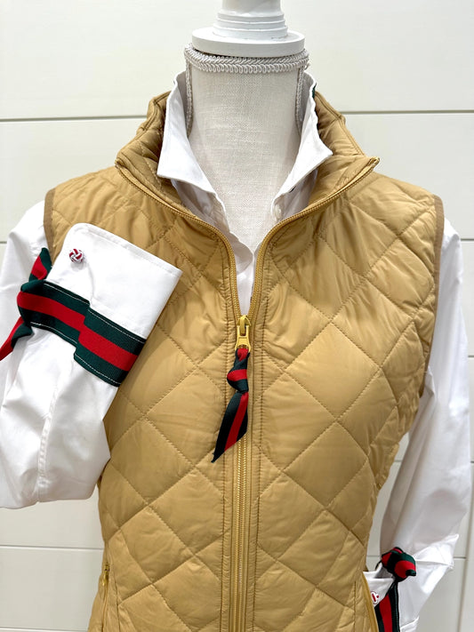Apparel- Pearly Vine Maggie May- Khaki Quilted Puffer Vest w Hunter Green & Red Stripe Ribbon Trim
