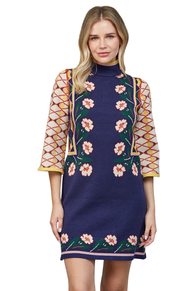 Apparel-Fate Jacquard Motif High Neck Floral Sweater Mini Dress