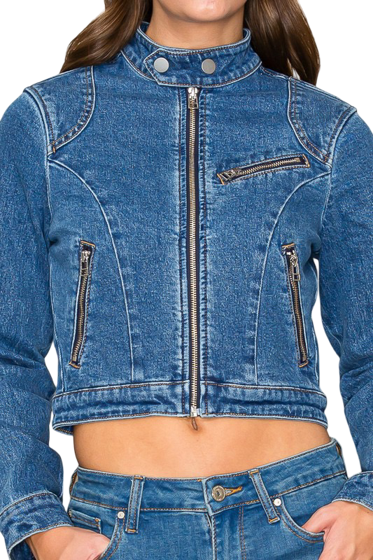 Apparel-Curds & Whey Denim Zip Pocket Biker Jacket