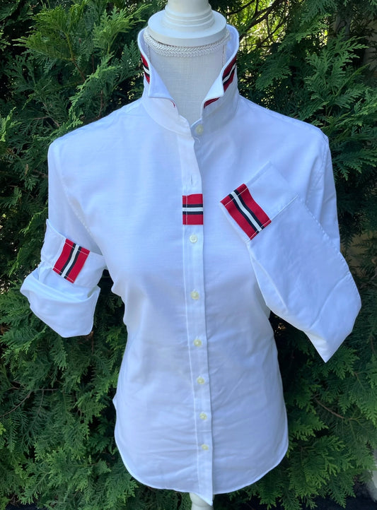 Apparel- Pearly Vines Casie 2- White Oxford with Red/Black & White Stripe Ribbon