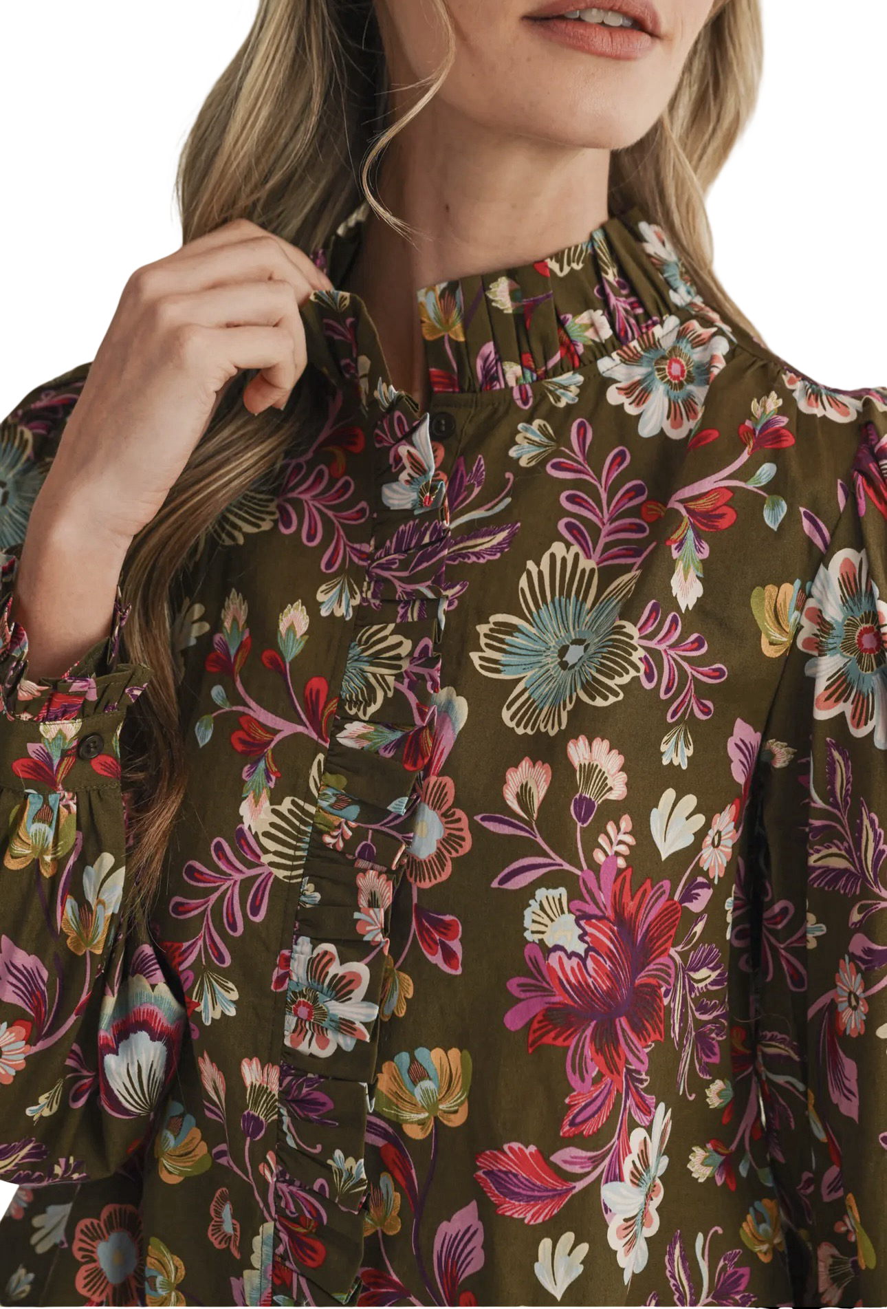 Apparel- En Merci Floral Print Ruffled Button Down Top