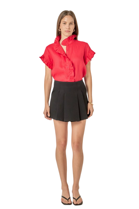 English Factory Red Linen Ruffled  Blouse Shirt