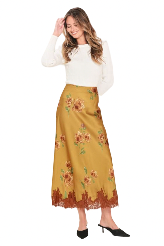 Flying Tomato Pattern Satin and Lace Circle Midi Skirt