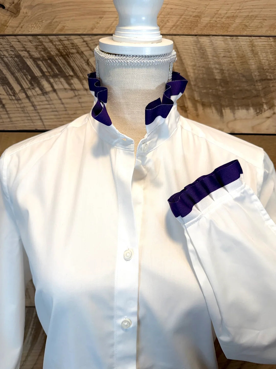 Pearly Vines- Dionne Game Day Ruffled Ribbon Shirt- White with Purple & White Ribbon