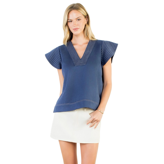 Apparel- THML Flutter Sleeve Suede V Neck Top