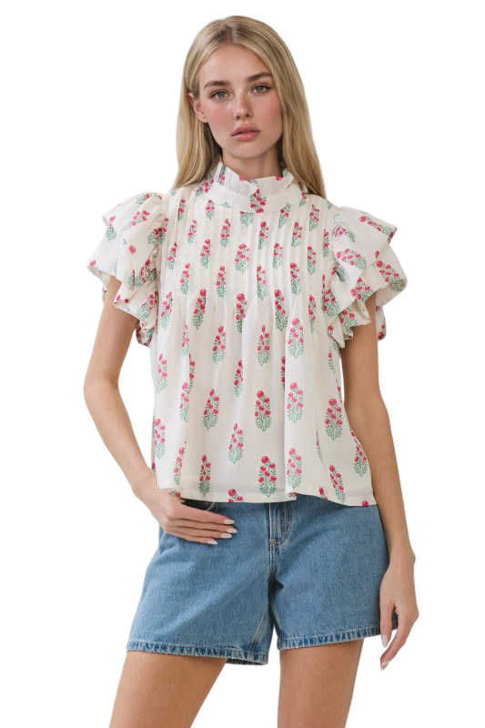 TCEC Floral Print High Neck Blouse Top