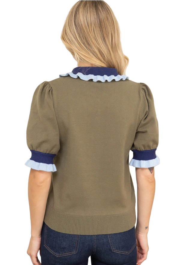 Apparel- VOY Contrast Embroidery Collar Knit Top