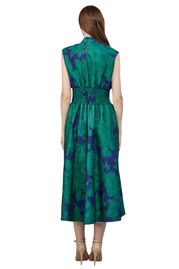 Apparel-Fate Floral Jacquard Front Zip Midi Dress