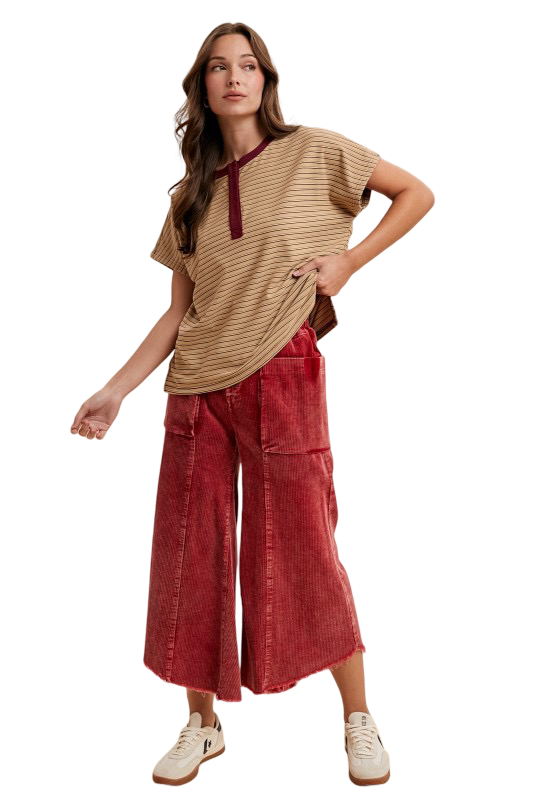 Apparel- Anniewear Mineral Wash Wide Leg Cropped Corduroy Jean Pants