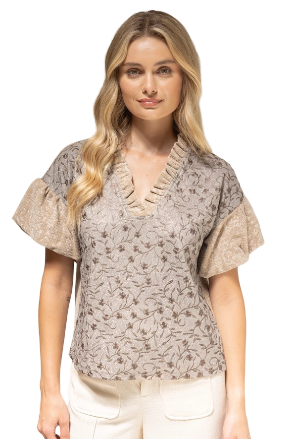 Apparel- VOY Ruffled V Neck Mixed Media Knit Top