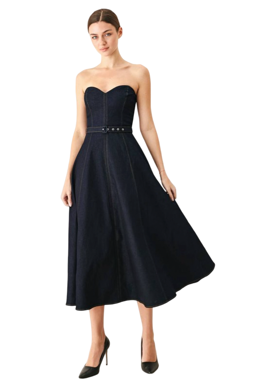 Flying Tomato Sweetheart Neck Classic Denim Midi Dress