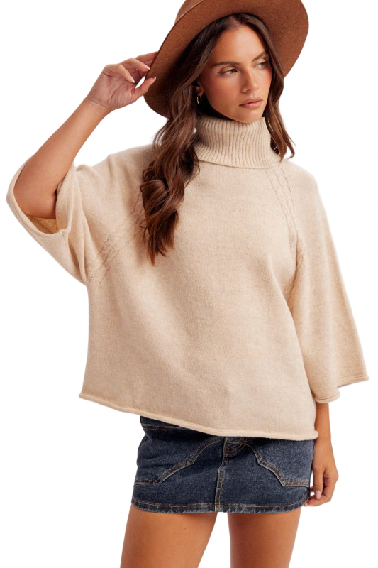 Hem and Thread Mini Cable Detail Turtleneck Sweater Top
