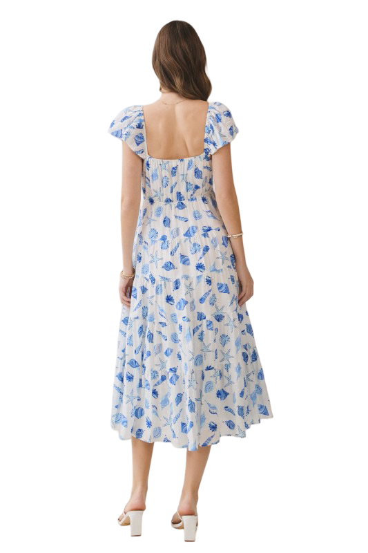 TCEC Shell Print V Neck Flutter Sleeve Midi Dress