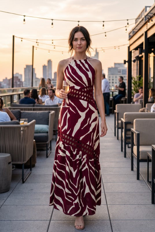 Baby Pink Zebra Print Halter Maxi Dress