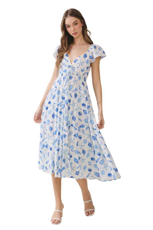 TCEC Shell Print V Neck Flutter Sleeve Midi Dress