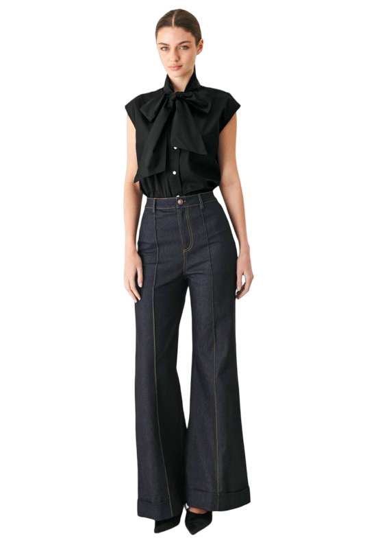 Flying Tomato Button Front Bow Tie Black Blouse Top
