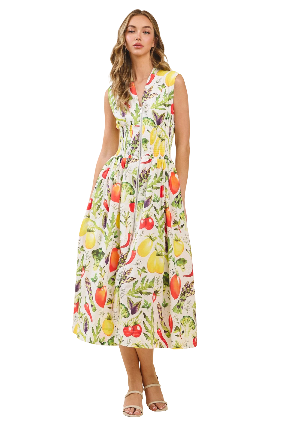 Apparel-TCEC Vibrant Produce Smocked Waist Midi Dress