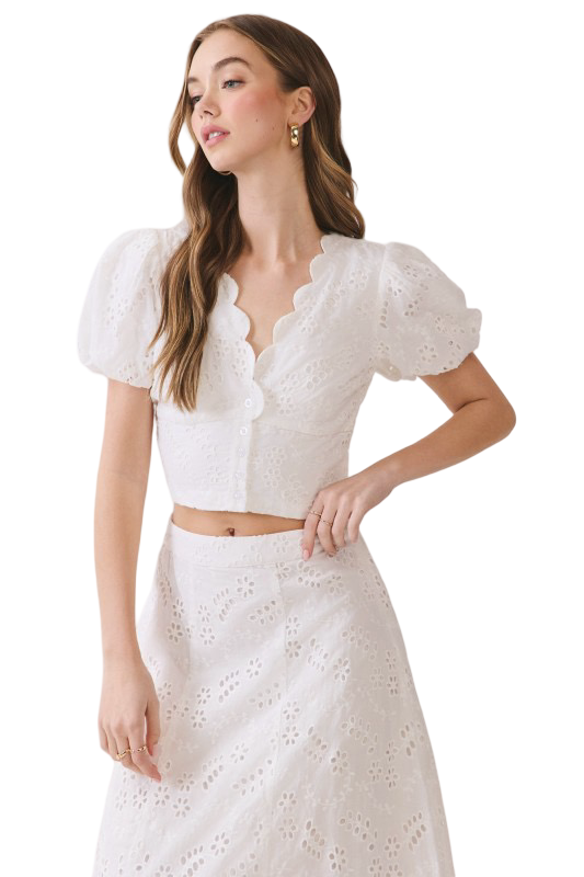 TCEC Eyelet Puffed Sleeve  Crop Top