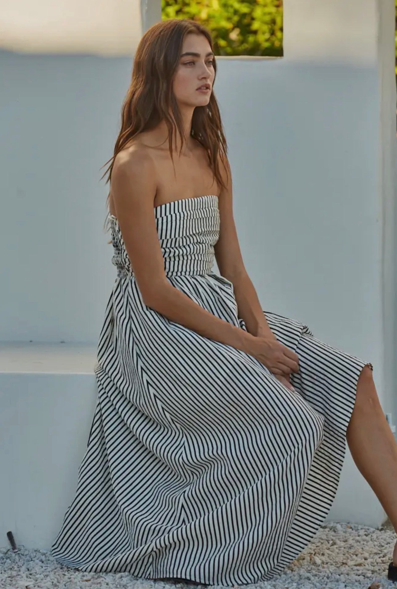 Off White Striped Strapless Maxi Dress