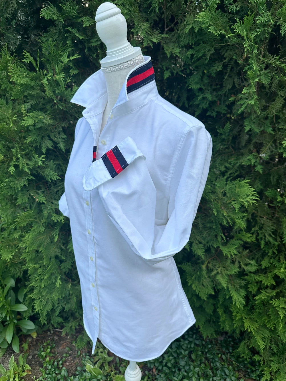 Apparel- Pearly Vines Casie 2-  White Oxford with Navy and Red Stripe Ribbon