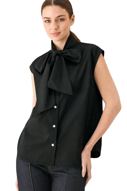 Flying Tomato Button Front Bow Tie Black Blouse Top