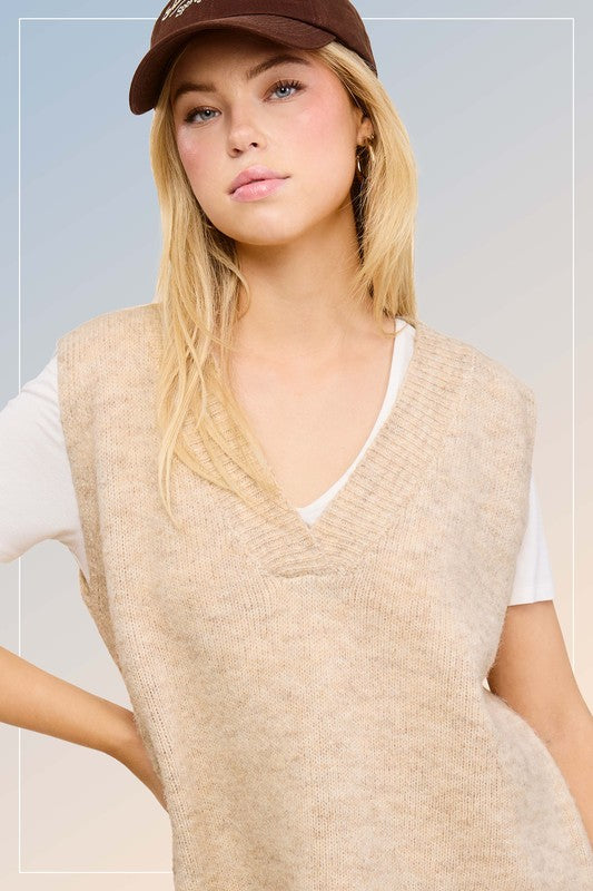 Apparel- La Miel Oversized V Neck Sleeveless Sweater
