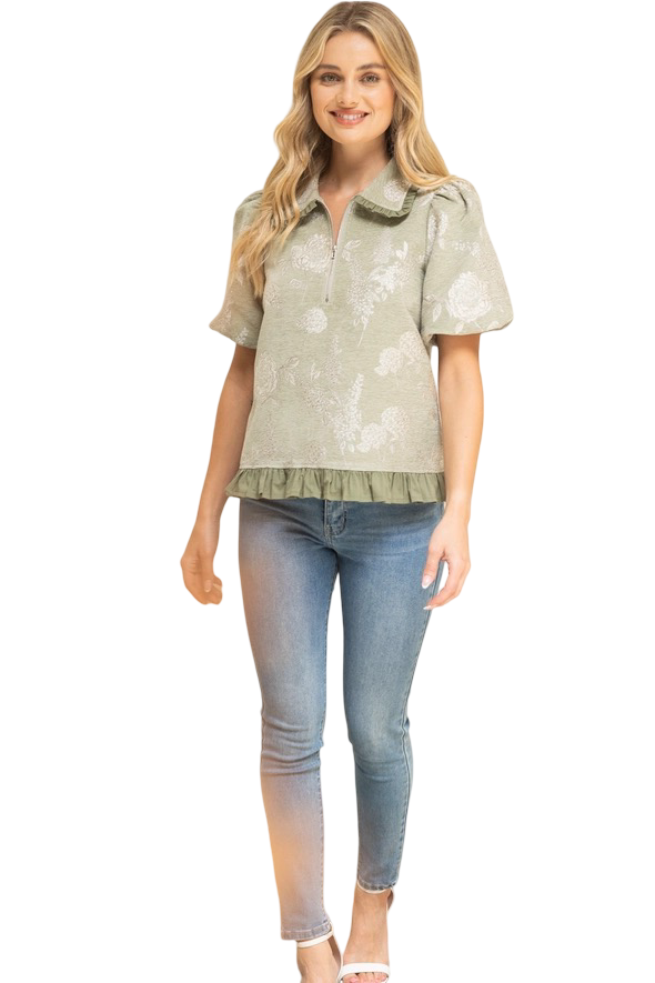 Apparel- VOY Floral Jacquard Top with Ruffled Collar