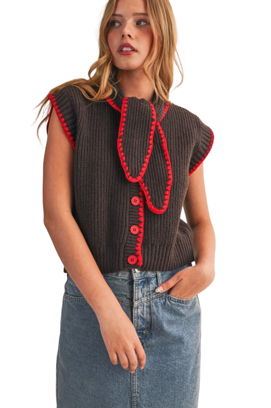 Apparel- En Merci Tie Neck Blanket Stitch Sweater Vest Top